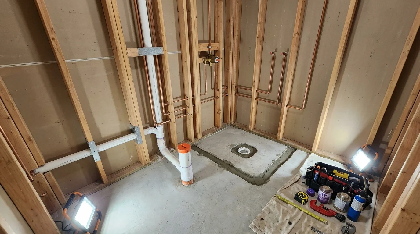 Bathroom rough-in plumbing during remodel by Johns Plumbing LLC in Hutchinson