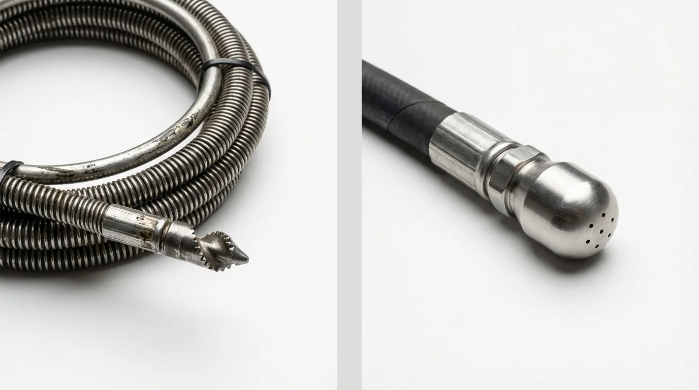 Drain snake cable and hydro jetting nozzle used for drain cleaning in Hutchinson, KS