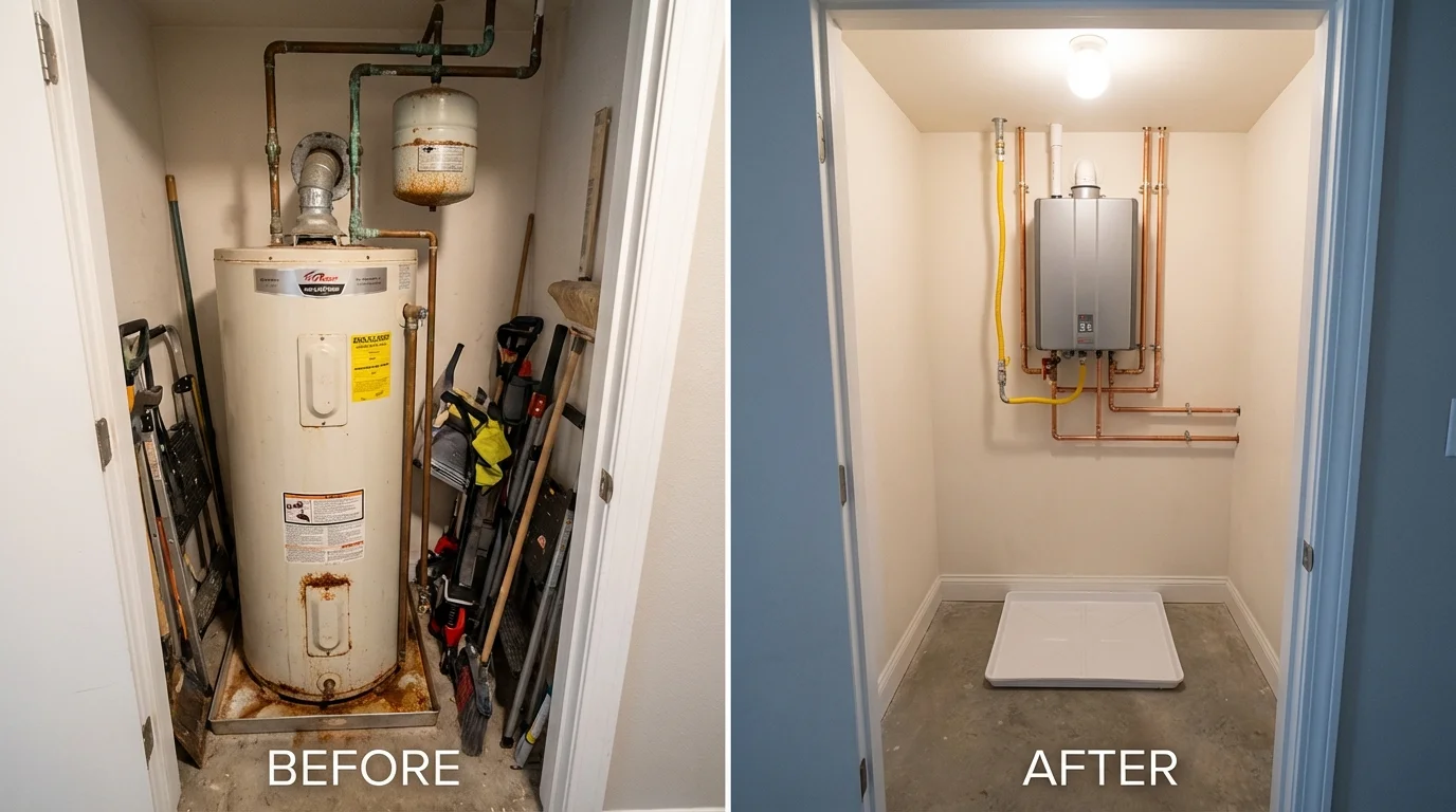 Tank water heater versus wall-mounted tankless unit comparison for Hutchinson, KS homeowners