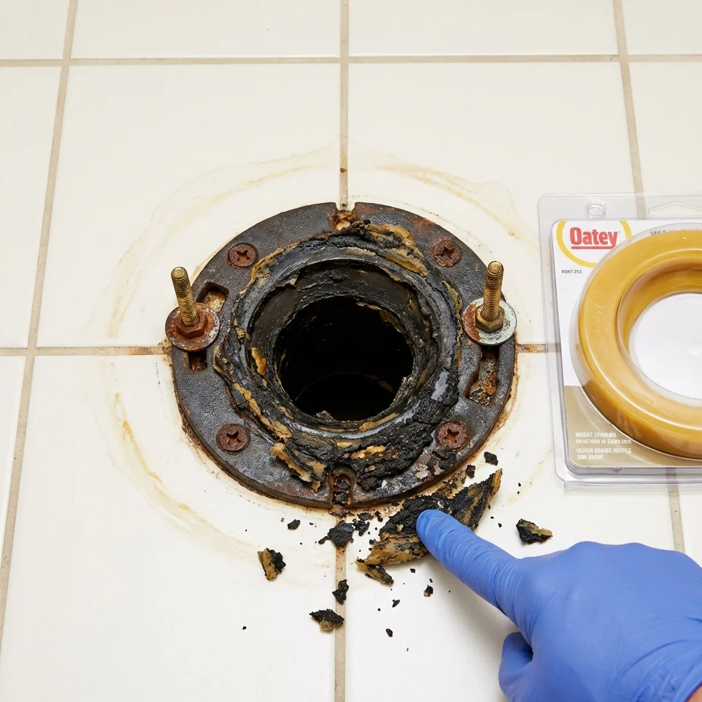 Failed wax ring showing water seepage at the base of a toilet in a Hutchinson, KS home