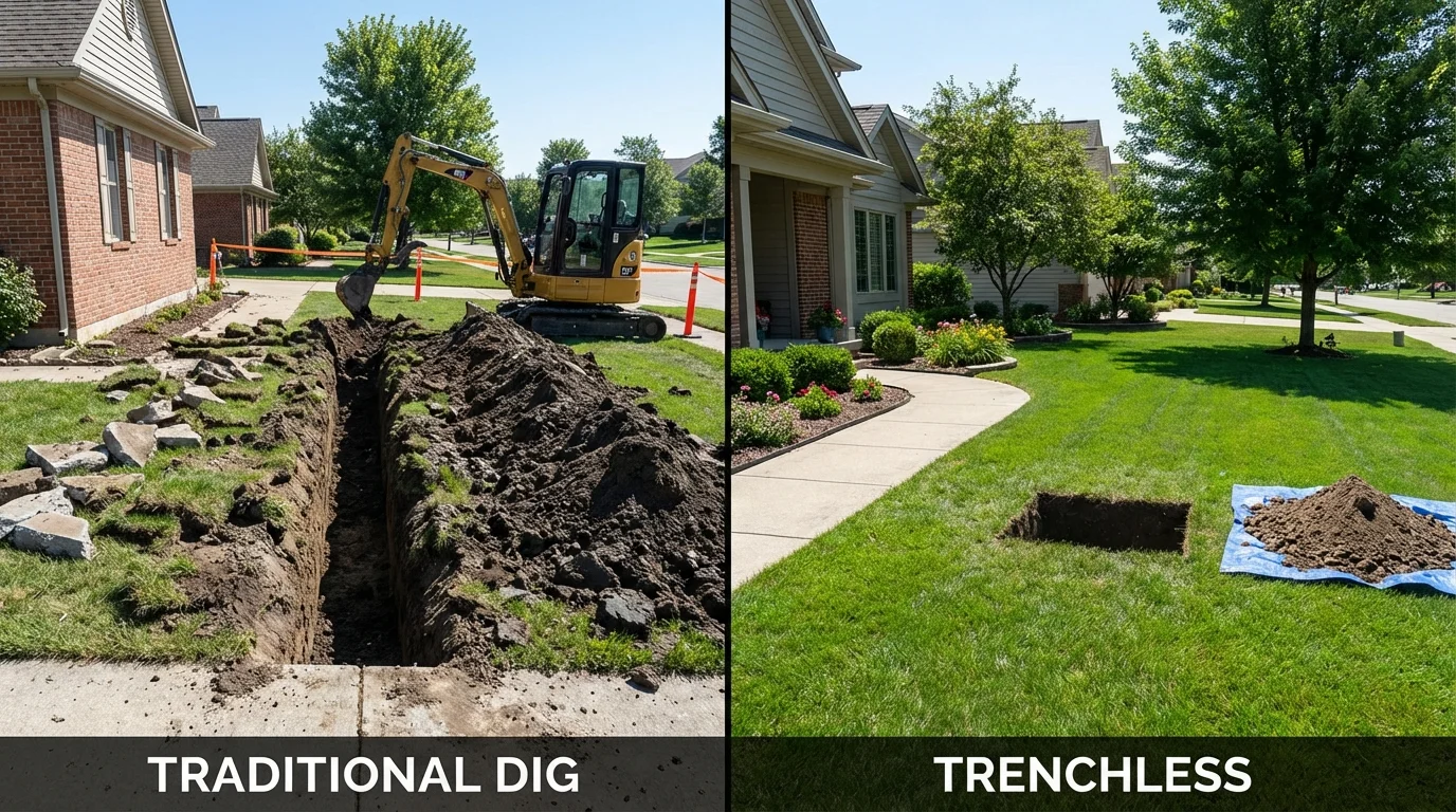 Trenchless sewer repair with minimal yard damage versus traditional excavation in Hutchinson, KS