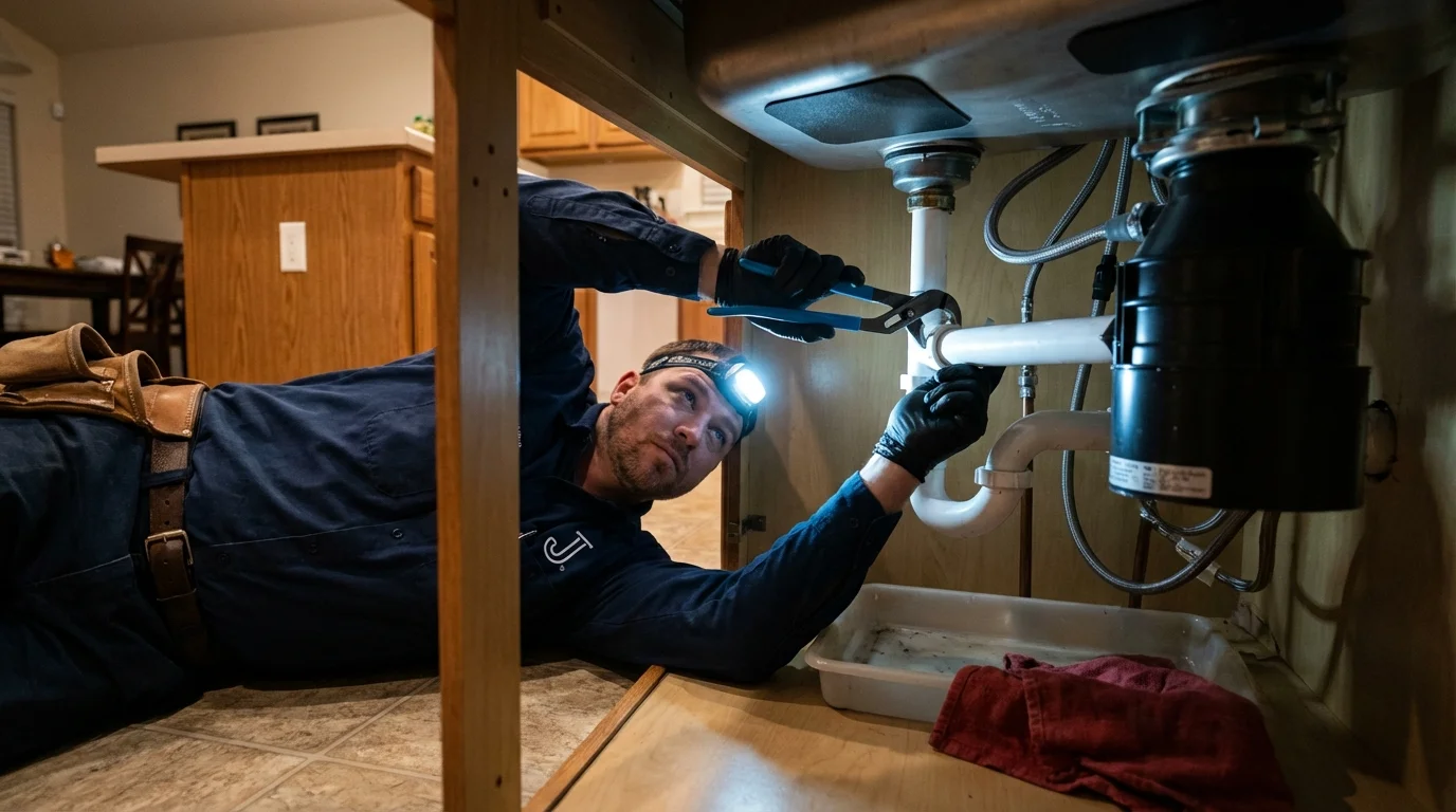 P-trap and supply line connections under a kitchen sink showing a common leak point in Hutchinson, KS
